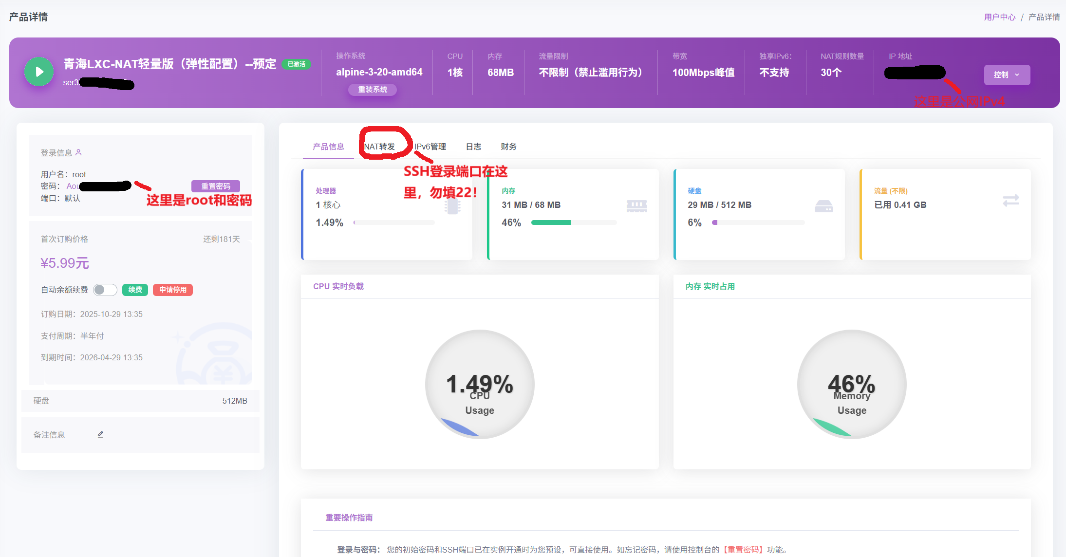 控制面板SSH连接信息示意图